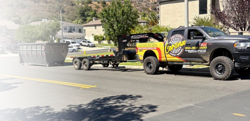 Corona Junk Removal truck with dumpster rental in residential neighborhood — serving Corona, Norco, Riverside, Lake Elsinore, CA