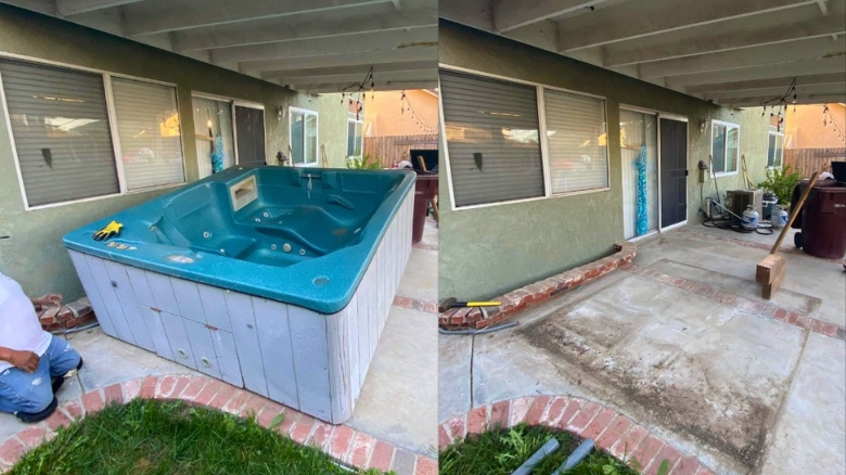 Before and after of a completed hot tub removal by Corona Junk Removal