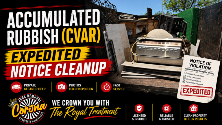 Accumulated Rubbish CVAR expedited notice cleanup by Corona Junk Removal